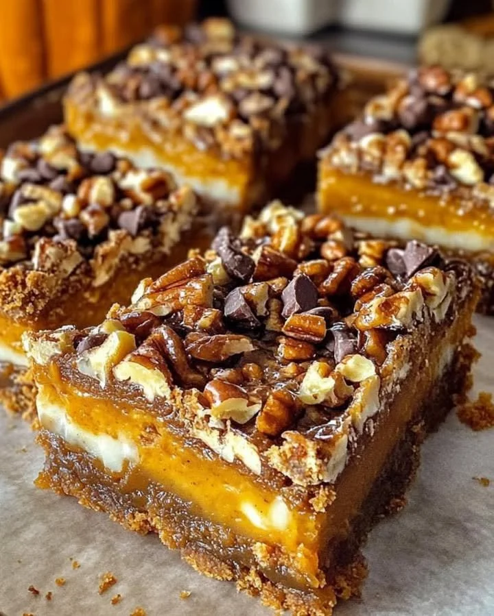 Delicious Pumpkin Cheesecake Heaven Bars with a graham cracker crust.