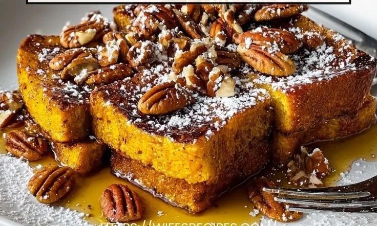 Delicious Pumpkin French Toast Bake topped with syrup and spices