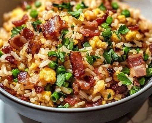 Delicious bowl of quick and flavorful bacon fried rice garnished with green onions.