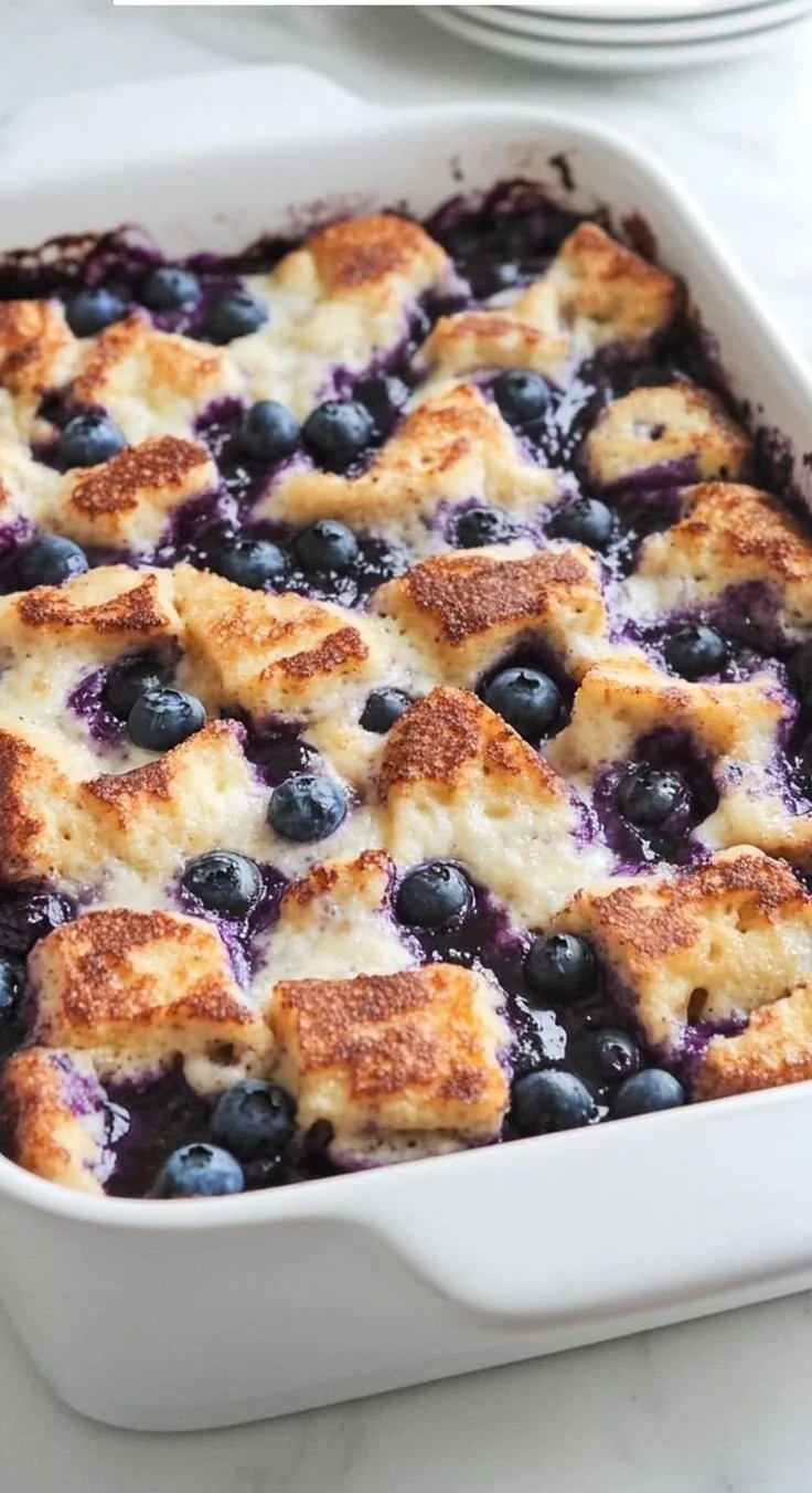 Quick Blueberry French Toast Casserole with fresh blueberries and syrup