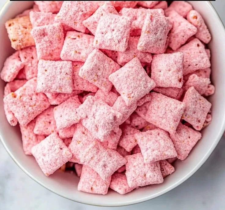 Delicious Quick Strawberry Shortcake Puppy Chow in a bowl with strawberries