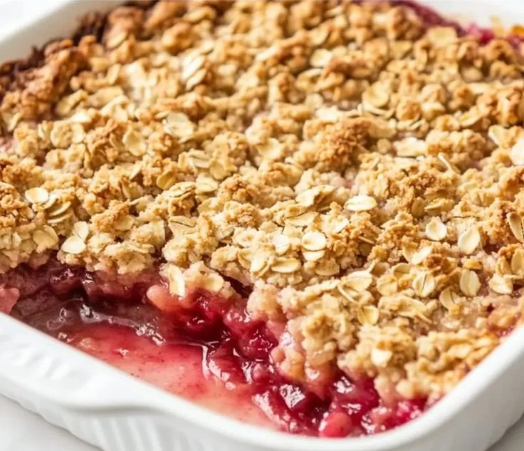 Delicious homemade rhubarb crisp dessert in a baking dish