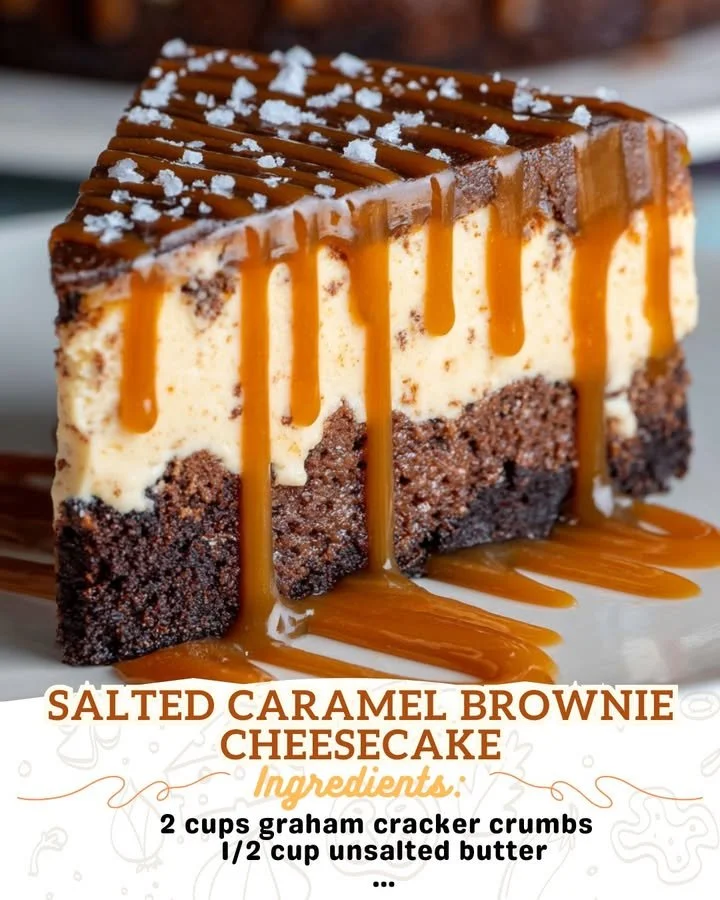 Slice of Salted Caramel Brownie Cheesecake drizzled with caramel sauce