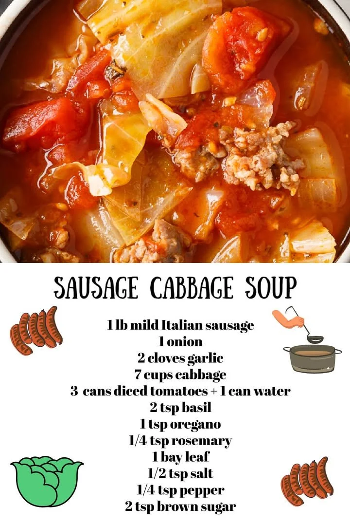 Bowl of hearty Sausage & Cabbage Soup with fresh ingredients