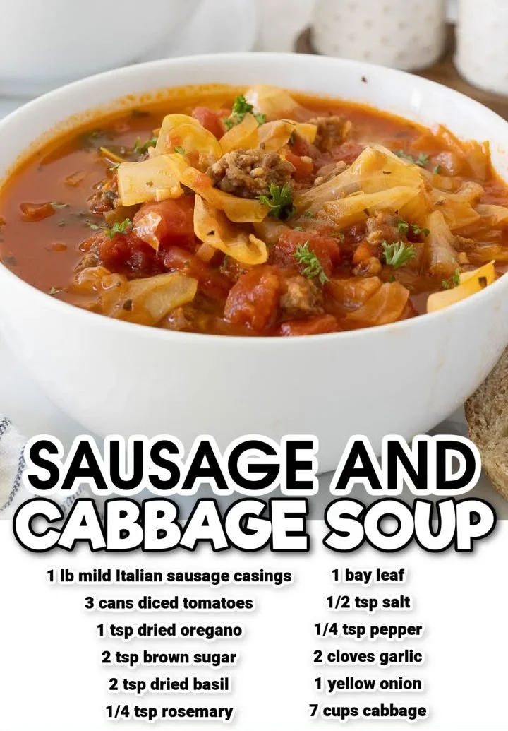 Bowl of Sausage Cabbage Soup with herbs and spices