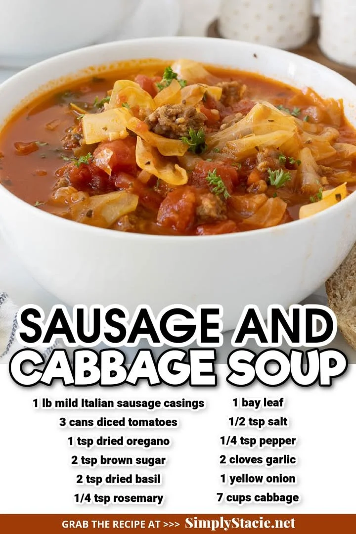 Bowl of Sausage Cabbage Soup with herbs and spices
