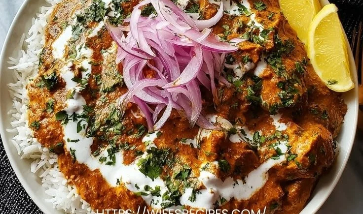 Delicious plate of Indian butter chicken served with rice and naan.