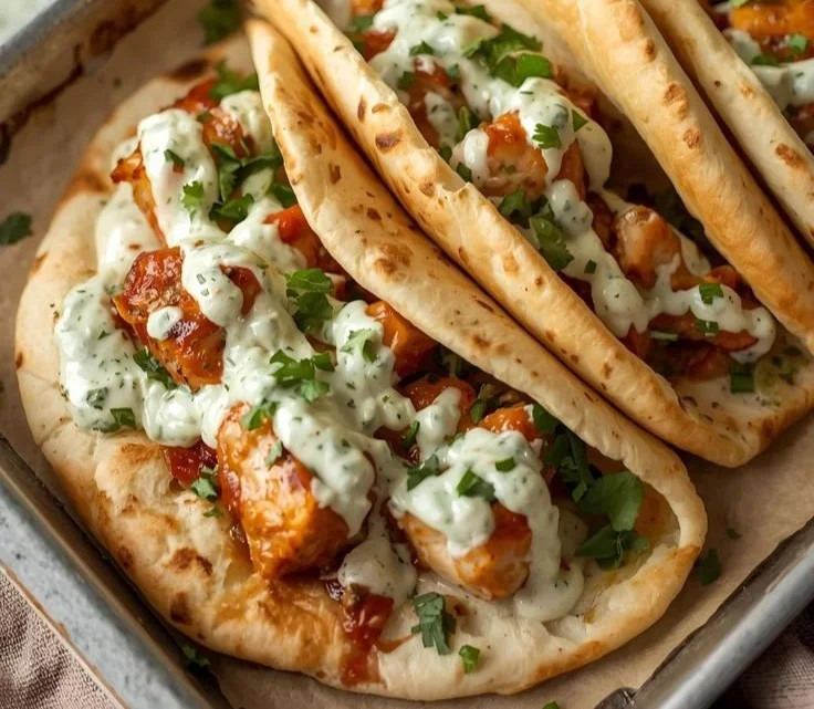 Sheet pan chicken pitas served with herby ranch dressing and fresh ingredients