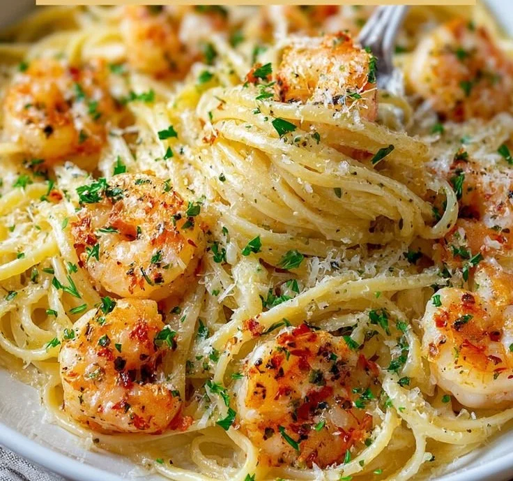 Shrimp scampi garlic cream pasta served with fresh herbs and lemon.