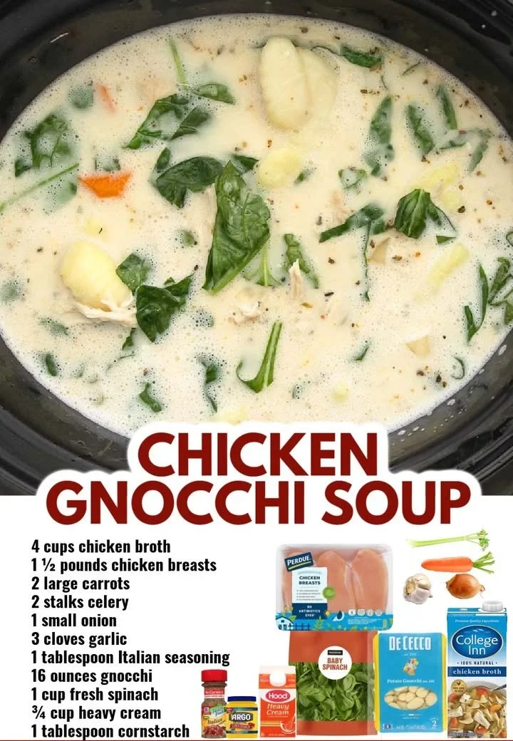 Bowl of slow cooker chicken gnocchi soup garnished with herbs