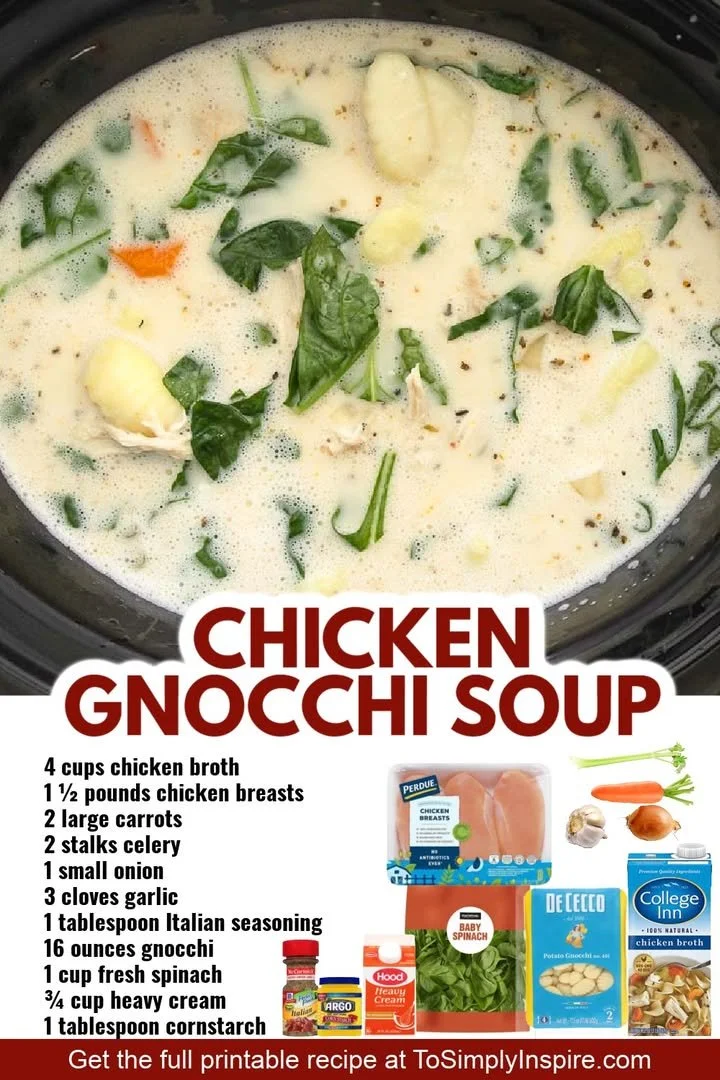 Bowl of slow cooker chicken gnocchi soup garnished with herbs