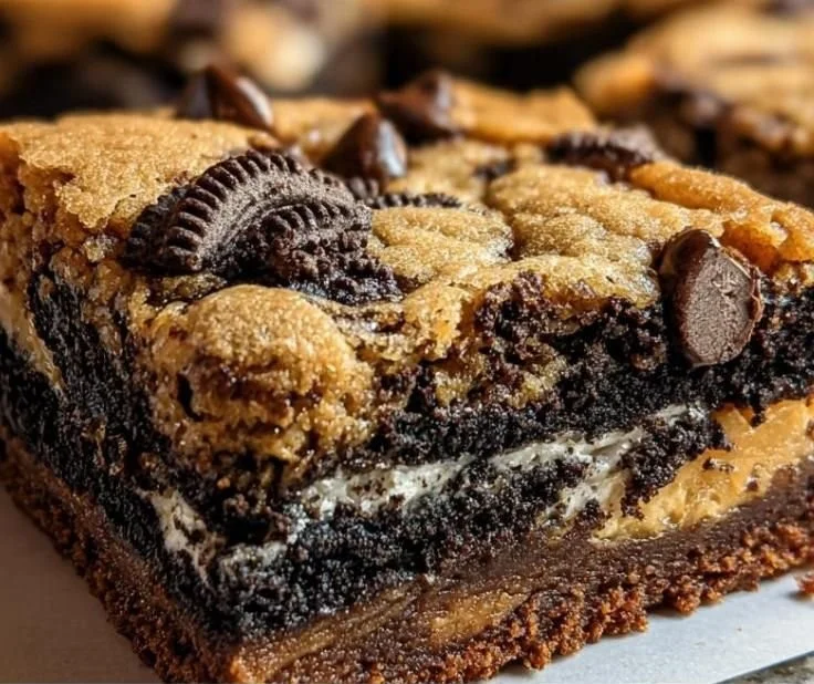 Decadent slutty brownies stacked with layers of cookie, brownie, and Oreo treats.