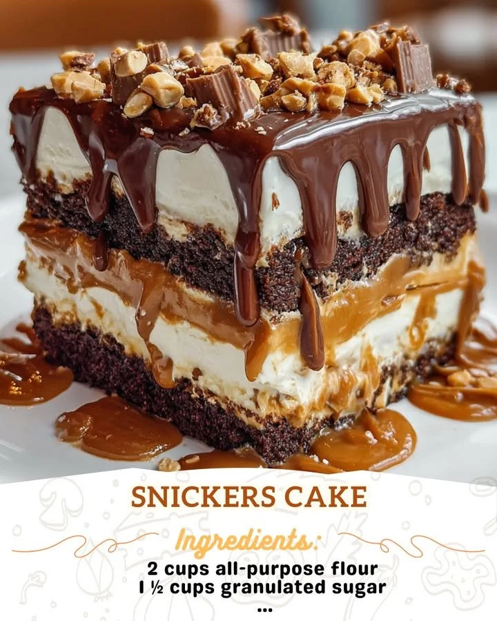 Delicious homemade Snickers Cake with chocolate, caramel, and peanuts