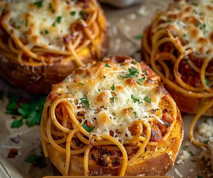 Spaghetti served in crispy garlic bread bowls for a delicious meal.