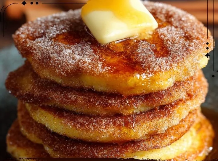 Delicious Spanish churro-inspired pancakes stacked with cinnamon and sugar.