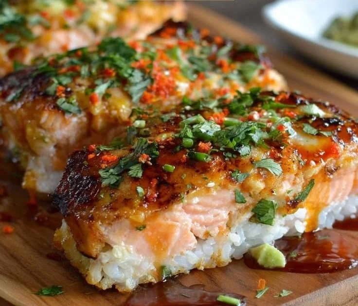 Mouthwatering Spicy Salmon Sushi Bake topped with creamy sauce and garnishes.