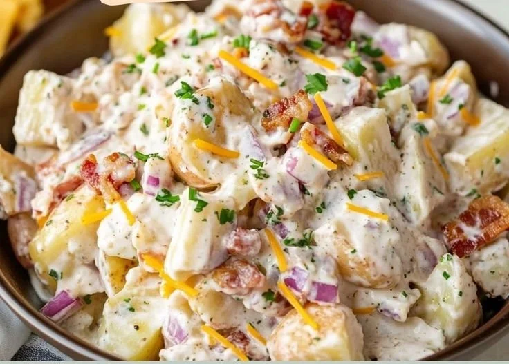 Bowl of creamy steakhouse potato salad garnished with herbs.