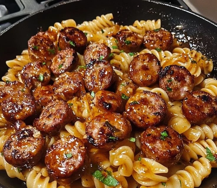 Sticky honey garlic sausage pasta skillet dish garnished with herbs