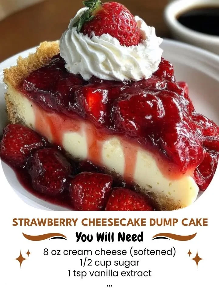 Delicious Strawberry Cheesecake Dump Cake with fresh strawberries and creamy cheesecake layer