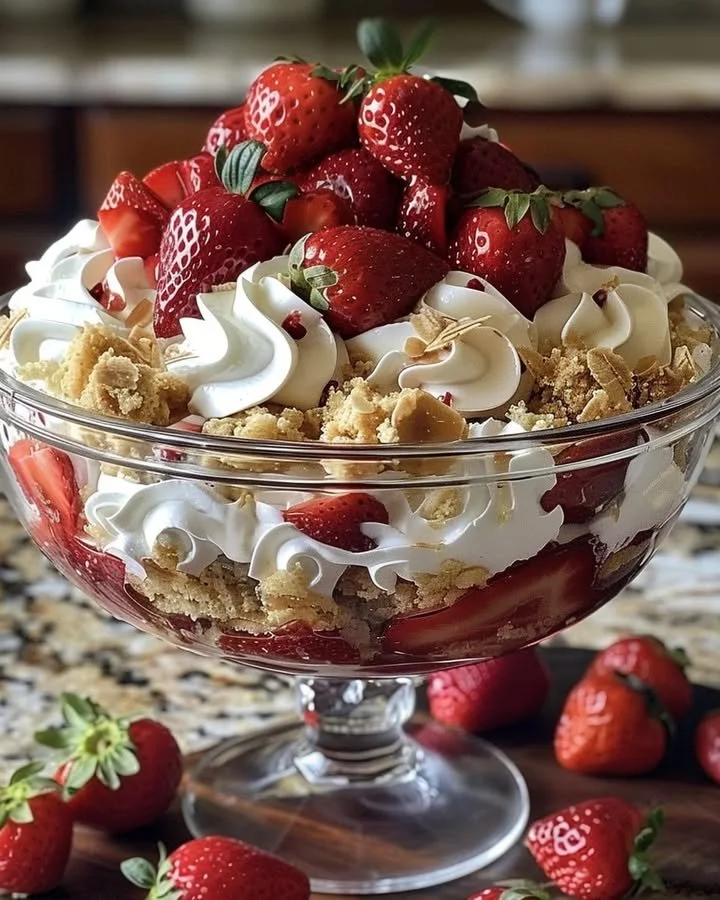 Delicious strawberry cheesecake trifle layered with fresh strawberries and cream