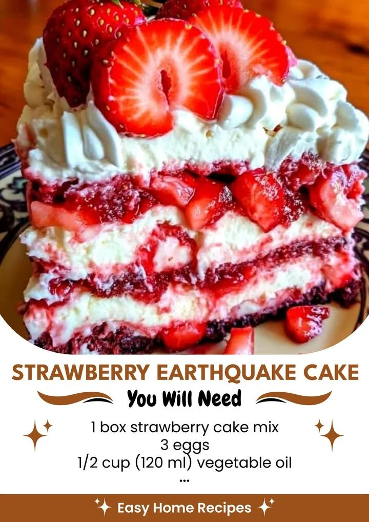 Delicious Strawberry Earthquake Cake with layers of strawberry and cream cheese frosting
