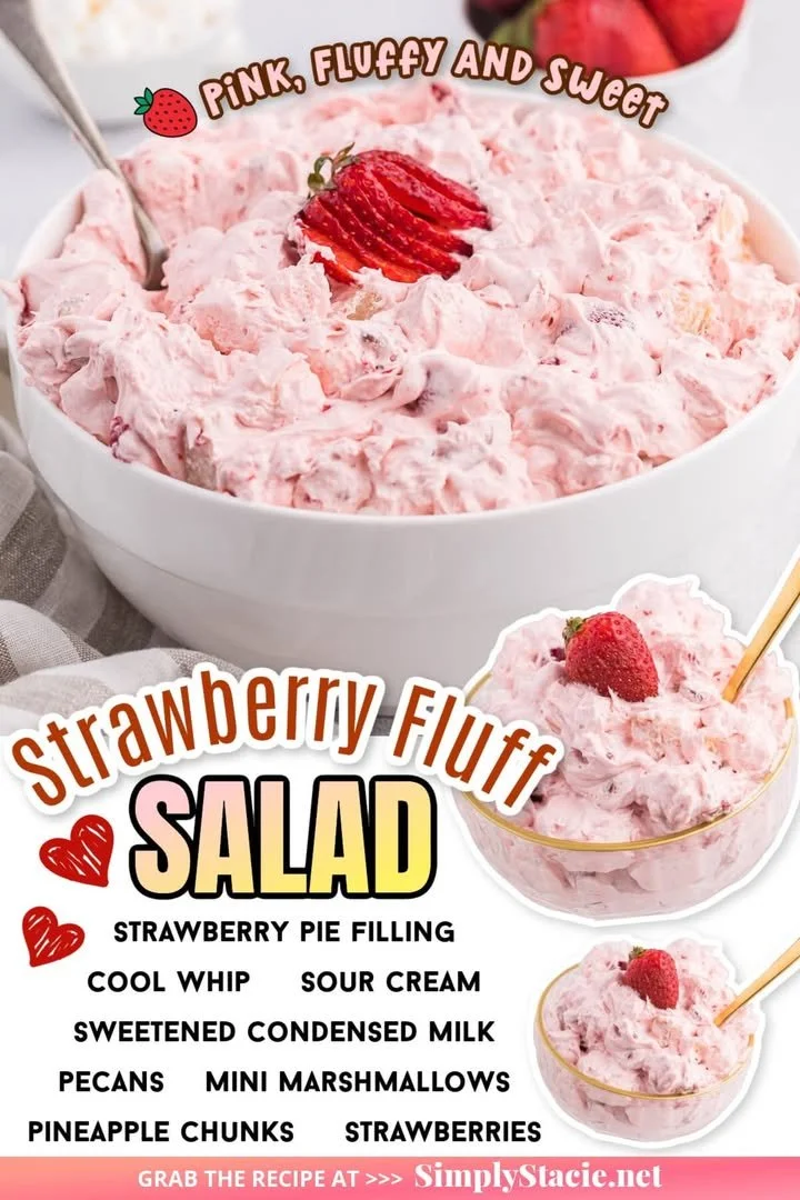Bowl of Strawberry Fluff Salad garnished with fresh strawberries and whipped cream