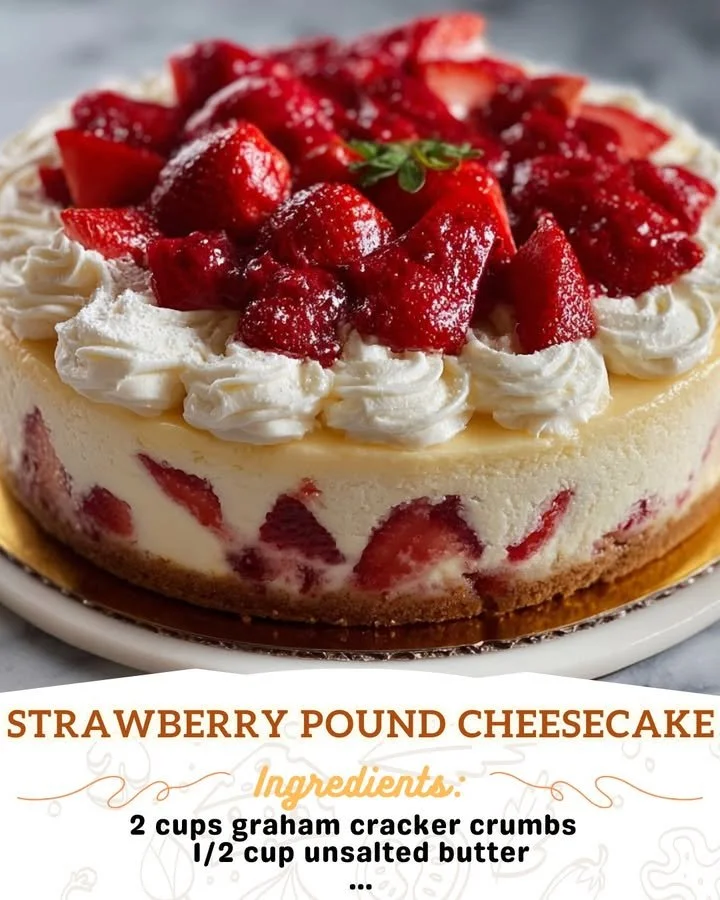 Slice of Strawberry Pound Cheesecake topped with fresh strawberries and whipped cream