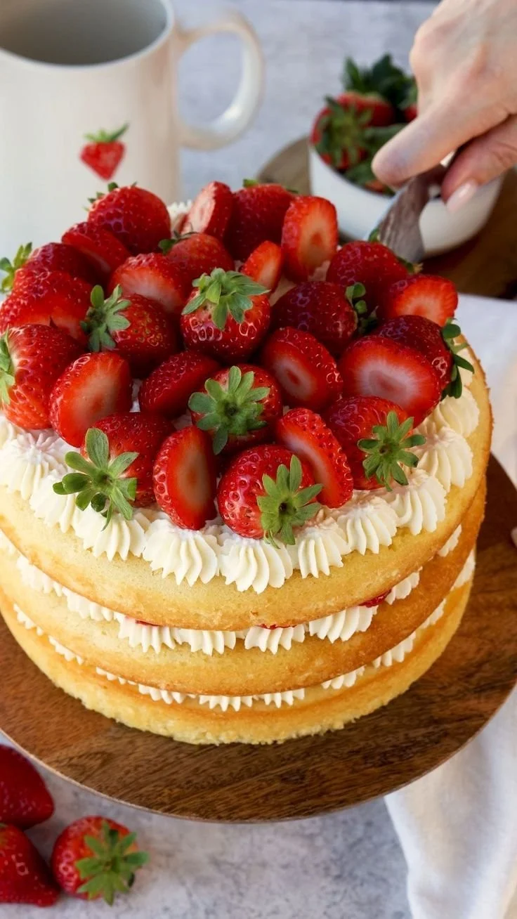 Delicious slice of strawberry shortcake cake topped with fresh strawberries and cream