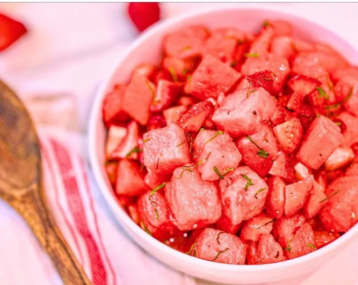 Delicious Strawberry Watermelon Salad drizzled with Honey-Lime Vinaigrette