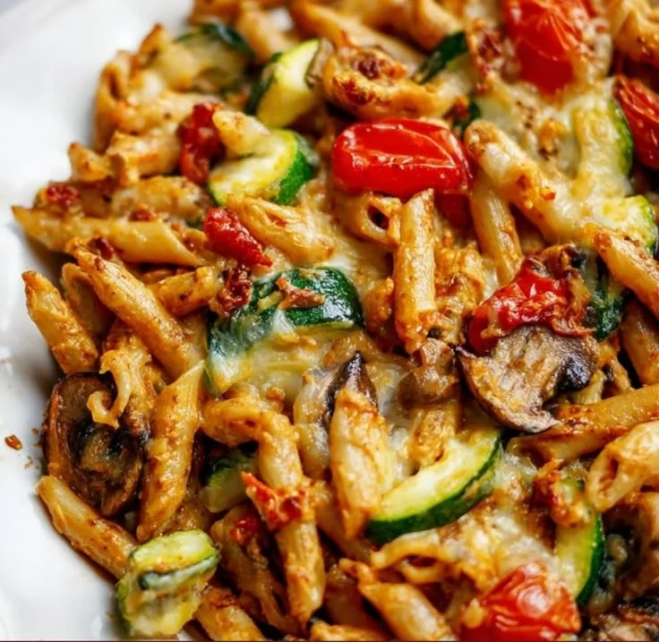 Sundried Tomato Pesto Pasta Bake topped with cheese in a casserole dish.