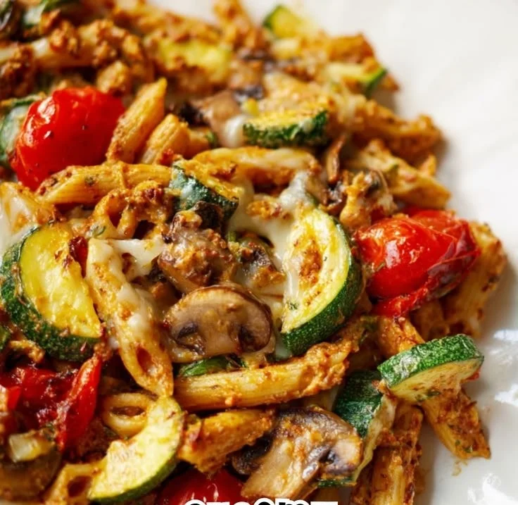 Sundried Tomato Pesto Pasta Bake topped with cheese and fresh herbs