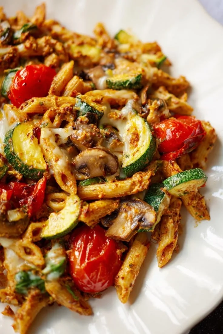 Sundried tomato pesto pasta bake served in a dish garnished with fresh basil.