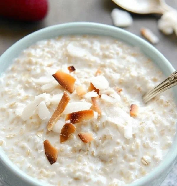 Bowl of tasty coconut cream oats topped with fruits and nuts