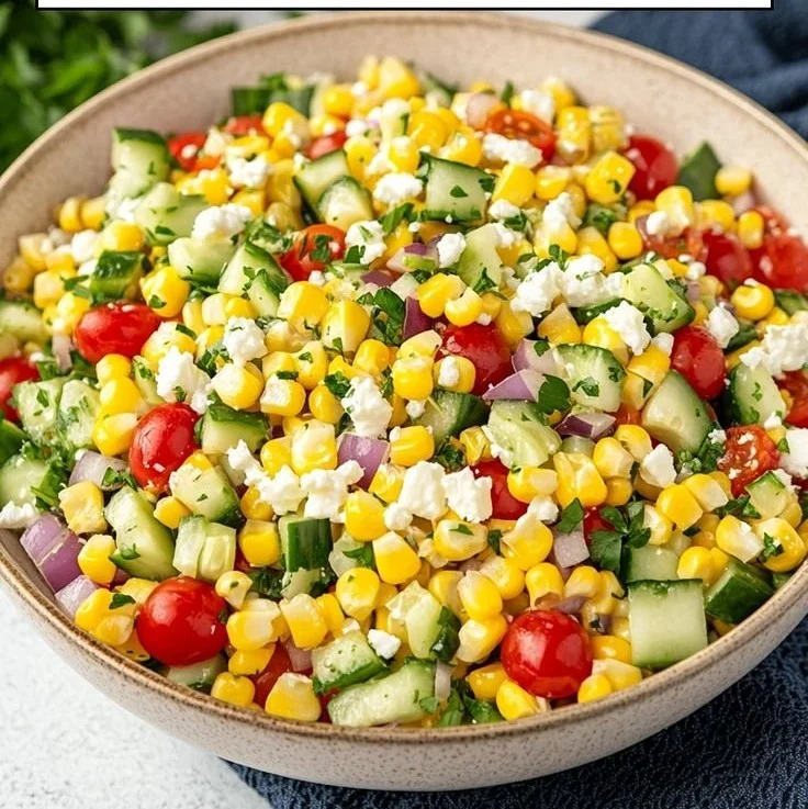 Delicious bowl of tasty corn salad with fresh vegetables and vibrant colors