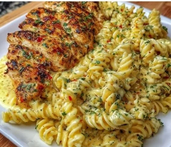 Creamy garlic parmesan chicken pasta dish served in a bowl with herbs