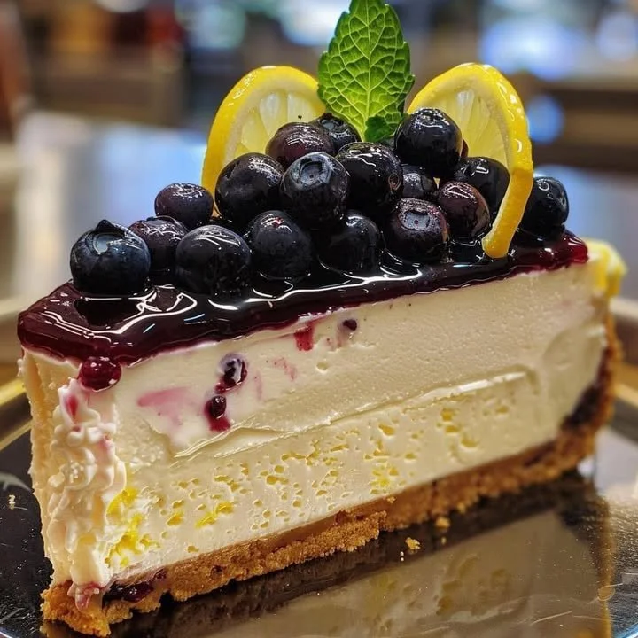 Slice of ultimate lemon blueberry cheesecake topped with fresh blueberries