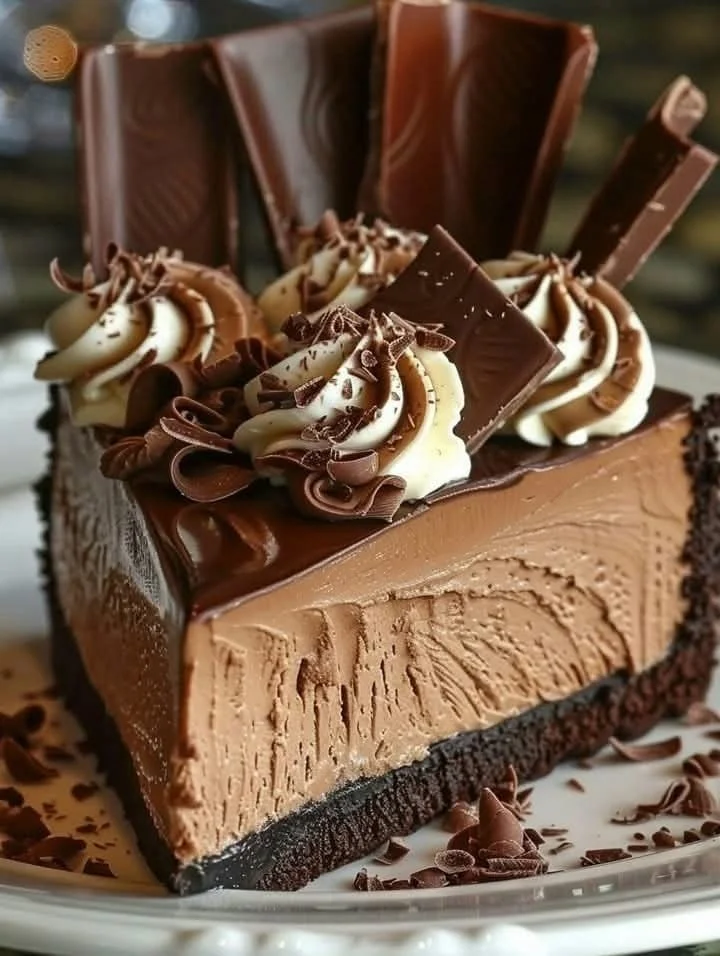 Delicious triple chocolate cheesecake topped with rich chocolate ganache and cocoa.