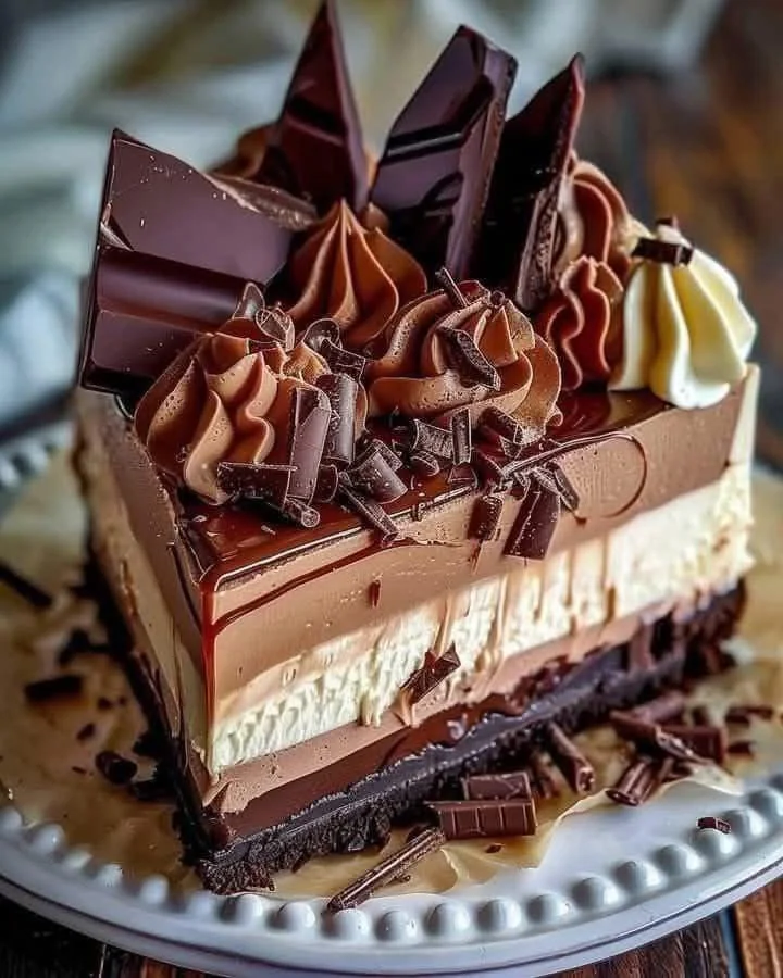 Delicious triple chocolate cheesecake topped with chocolate shavings.