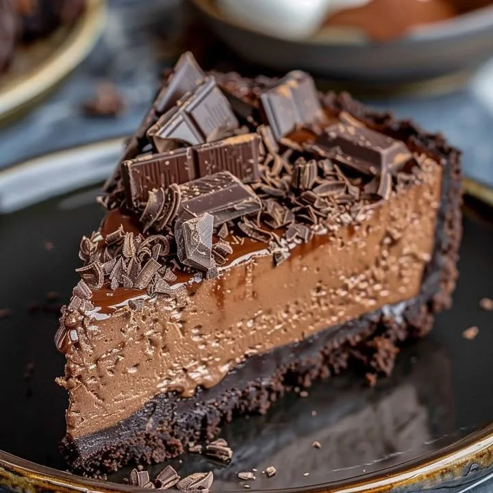 Triple chocolate cheesecake topped with rich chocolate ganache and sprinkles.