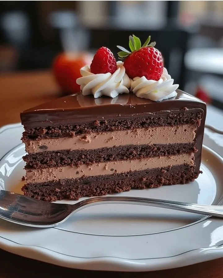 Delicious triple chocolate mousse cake topped with chocolate shavings