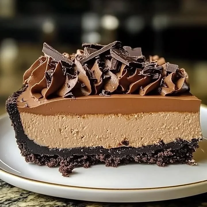 Delicious triple chocolate mousse cheesecake topped with chocolate curls and berries