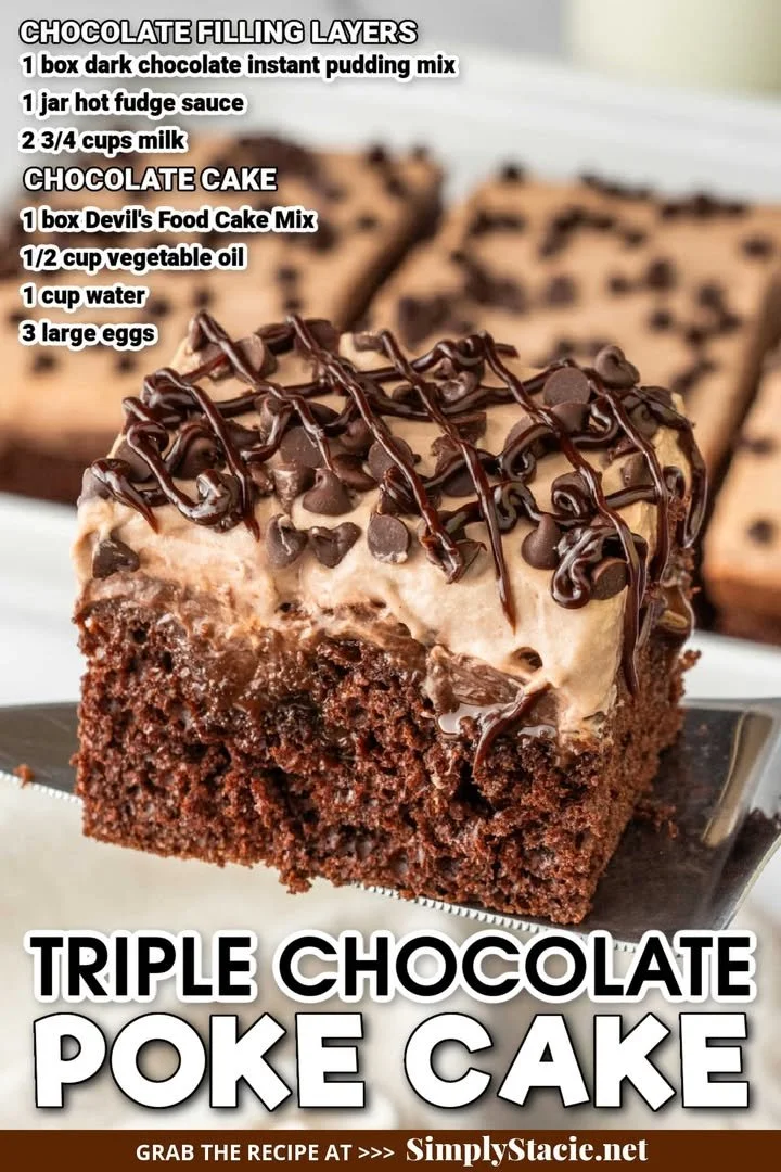 Delicious Triple Chocolate Poke Cake topped with chocolate ganache and sprinkles