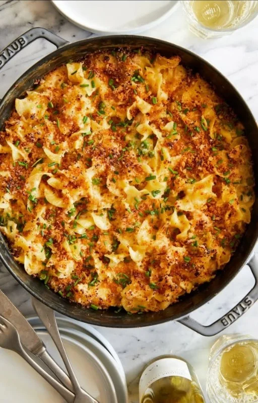 Delicious tuna noodle casserole served in a baking dish