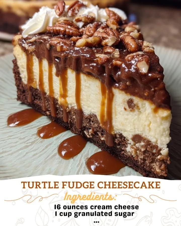Delicious Turtle Fudge Cheesecake topped with caramel and pecans