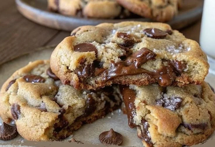 Ultra thick bakery style chocolate chip cookies with crispy edges and gooey centers