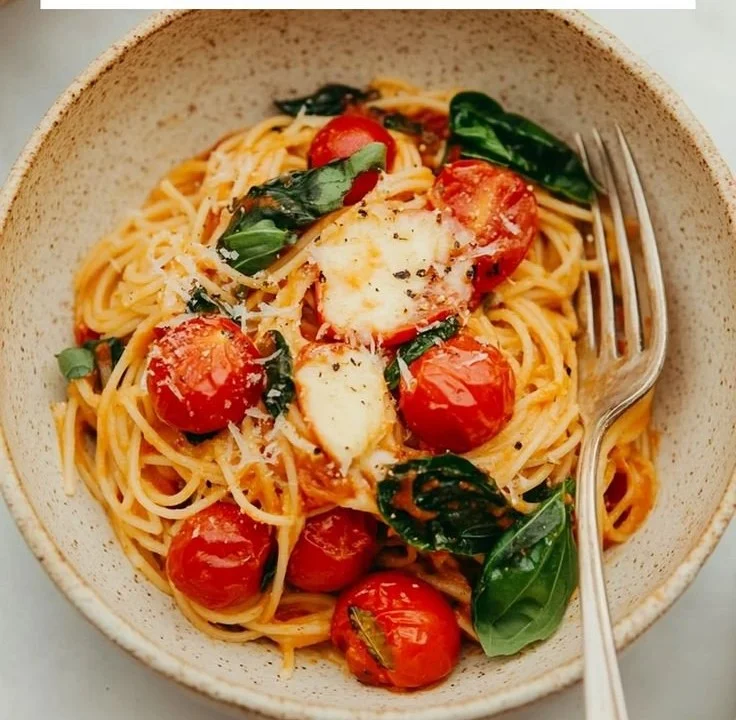 Vegan tomato basil pasta served in a bowl with fresh basil and tomatoes.