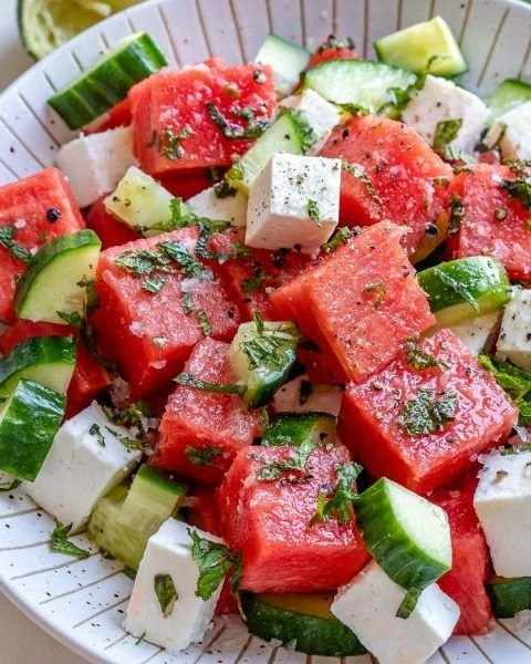 Refreshing Watermelon Cucumber Feta Salad with mint and lime dressing