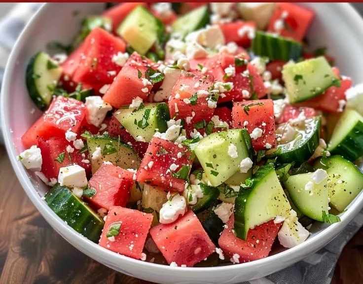 Watermelon salad with cucumber and feta served in a bowl