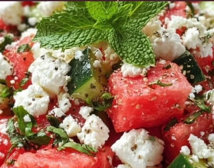 Delicious watermelon salad with feta cheese and mint