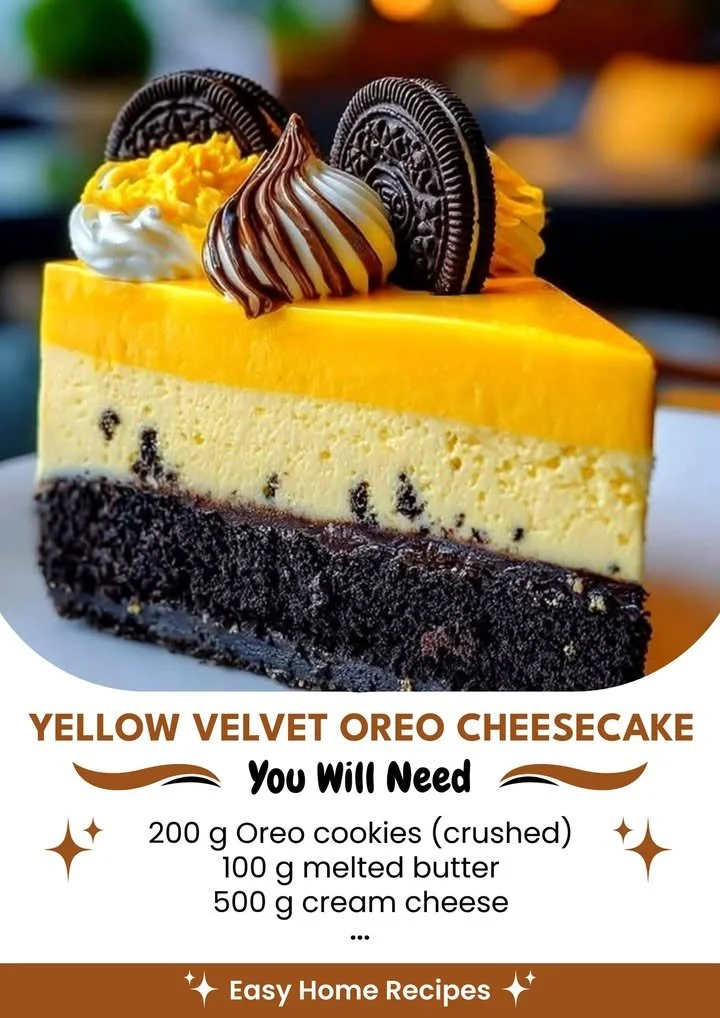 Delicious Yellow Velvet Oreo Cheesecake topped with cookie pieces.